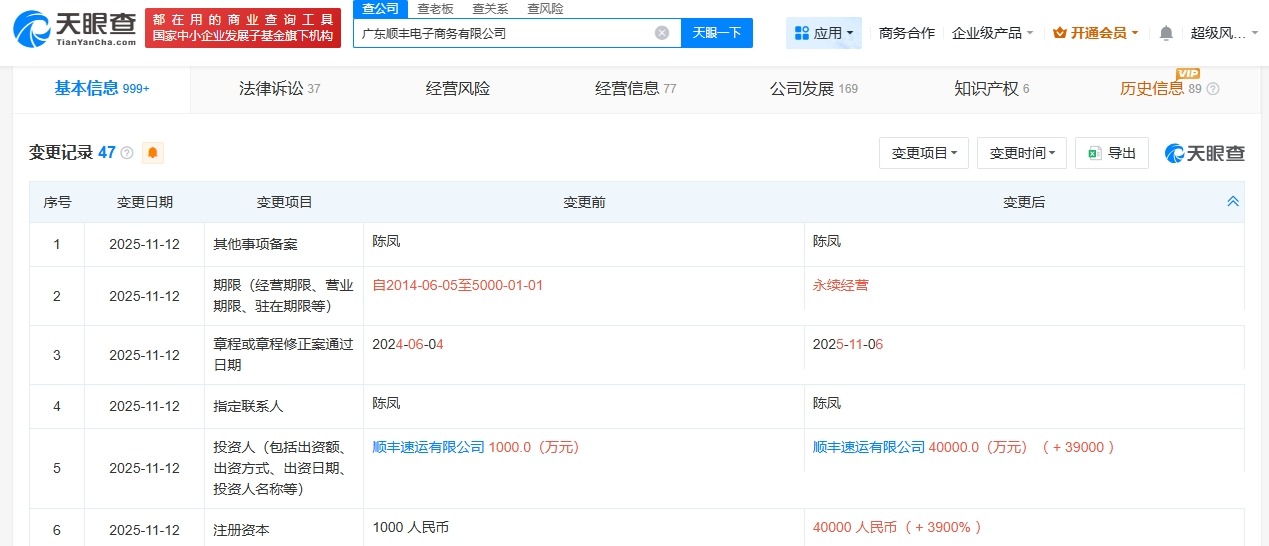 广东顺丰电子商务公司增资至4亿增幅3900%