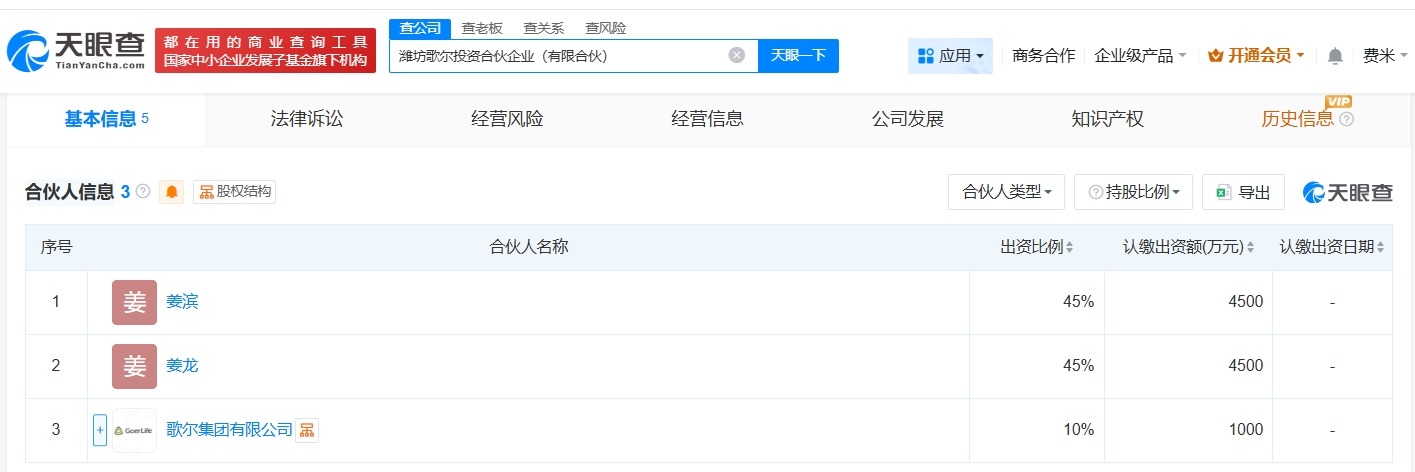 歌尔集团等在潍坊成立投资合伙企业出资额1亿