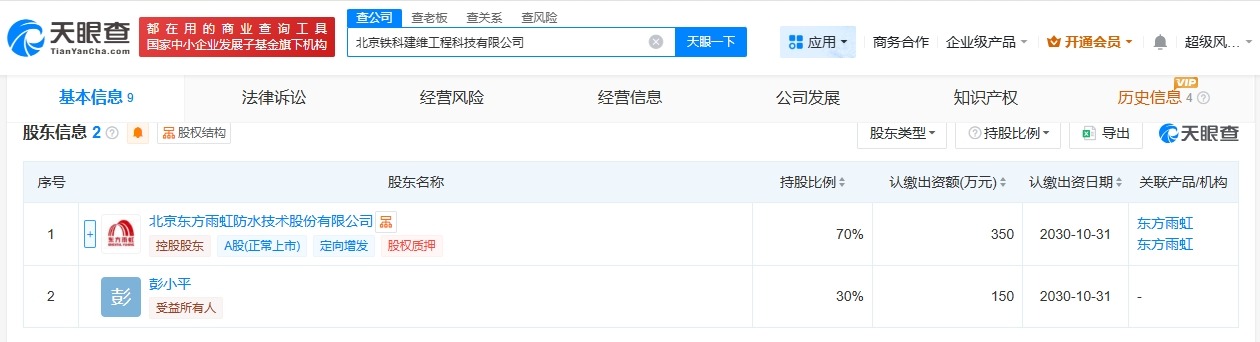 东方雨虹等在北京成立工程科技公司注册资本500万
