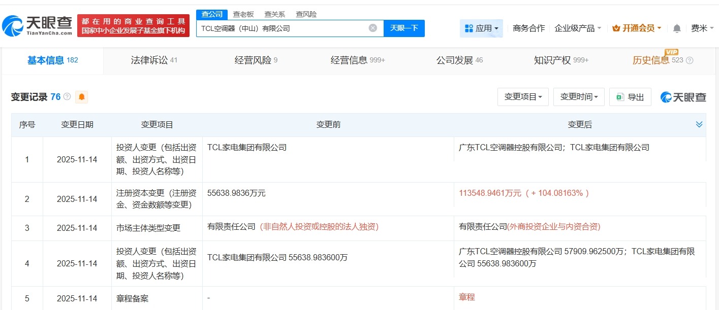 TCL空调器中山公司增资至约11.35亿增幅约104%