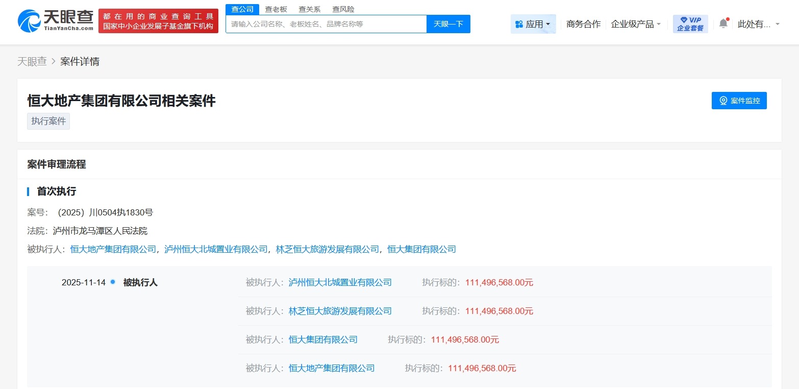 恒大地产集团等被执行3亿