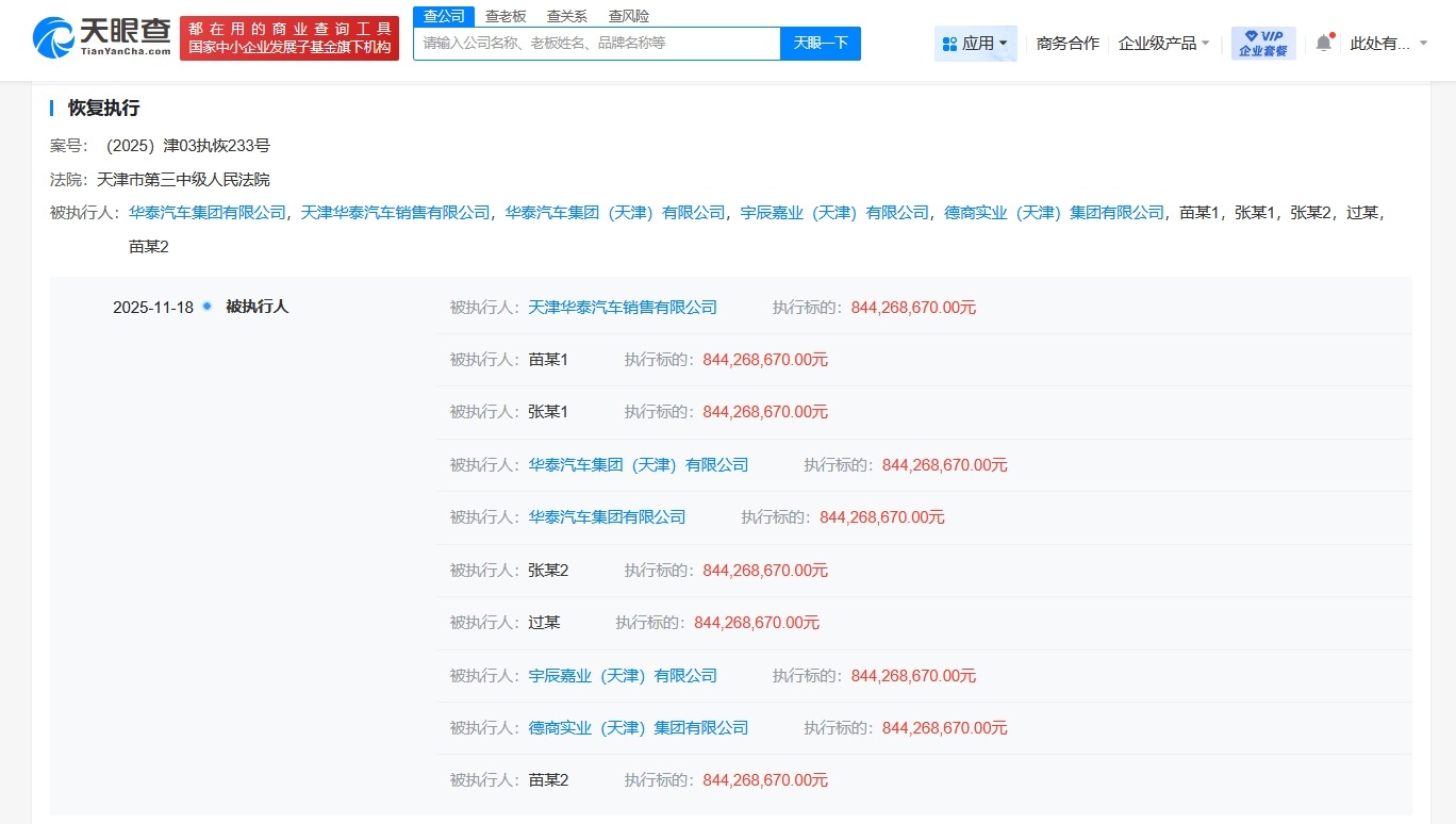 华泰汽车集团及张秀根等被恢复执行8.4亿