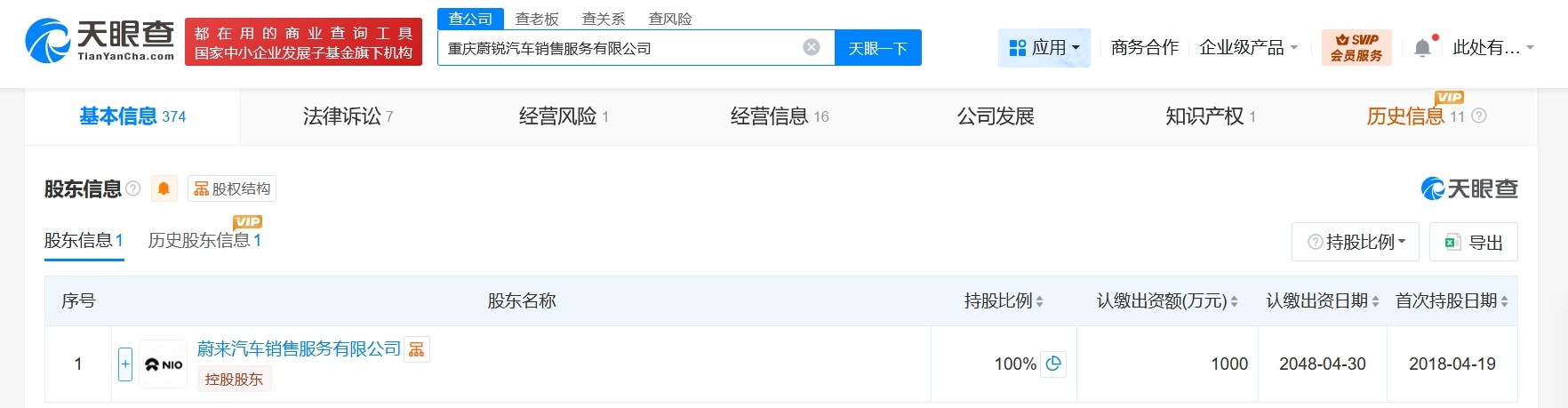 蔚来旗下重庆销售服务公司经营异常