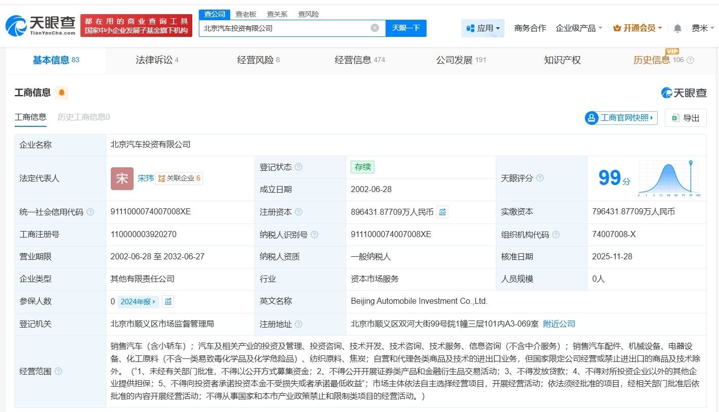 北京汽车投资公司增资至89.6亿增幅约13%