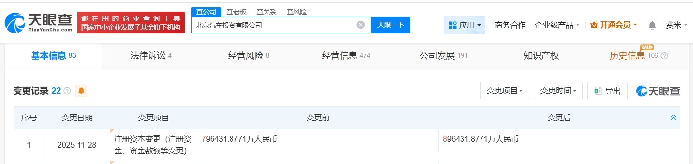 北京汽车投资公司增资至89.6亿增幅约13%