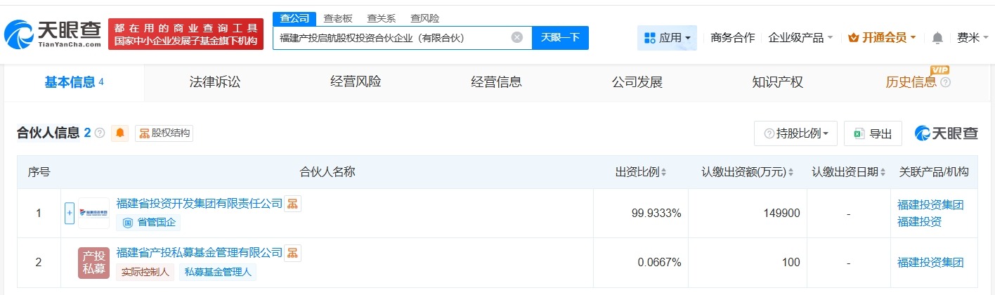 福建产投启航股权投资合伙企业登记成立出资额15亿