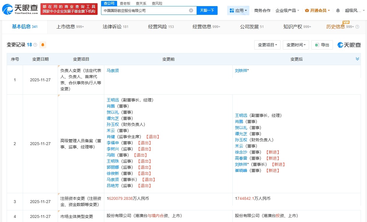 中国国航换帅完成工商变更注册资本增至174.48亿