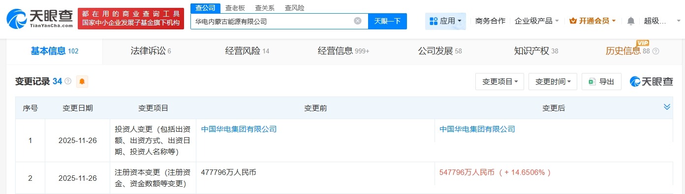 华电内蒙古能源公司增资至54.78亿增幅约14.65%