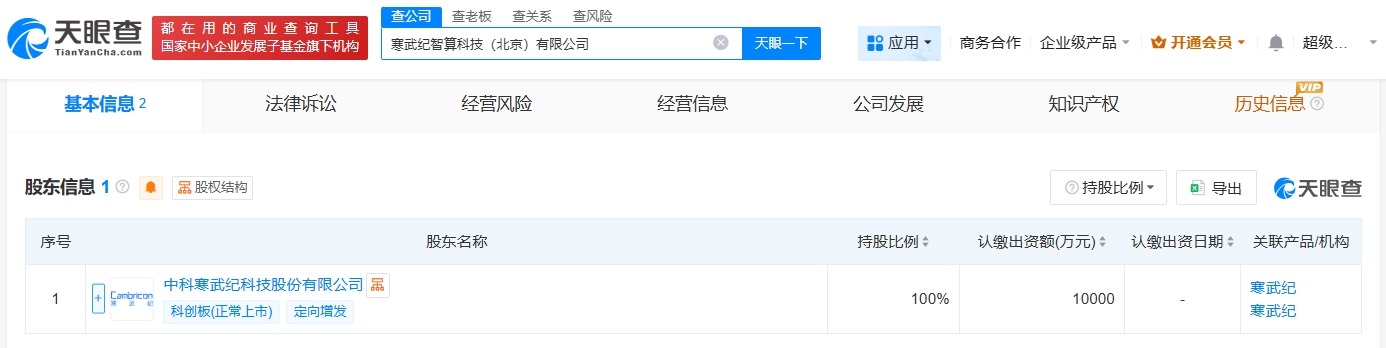 寒武纪在北京成立智算科技公司注册资本1亿