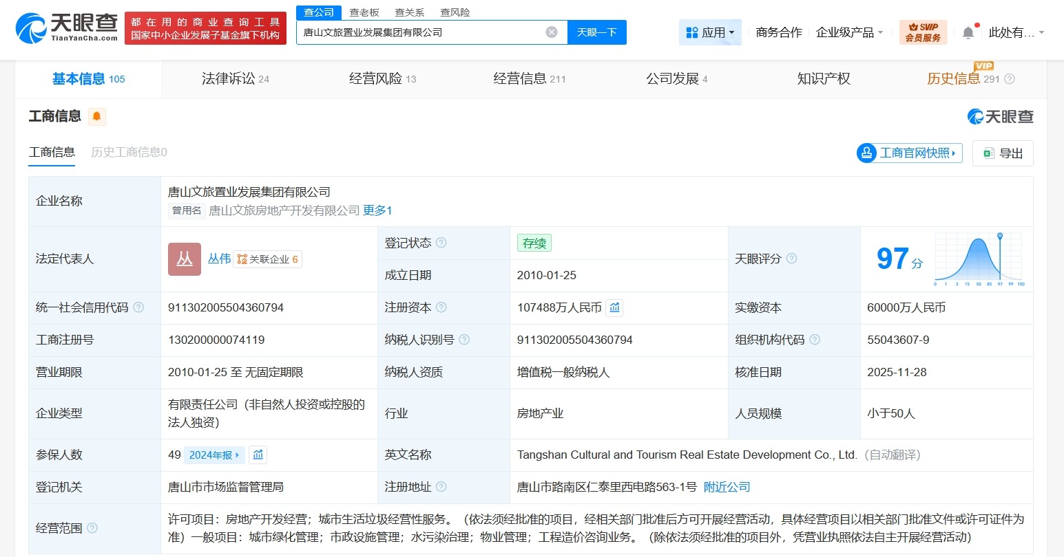 唐山文旅置业发展集团增资至10.7亿增幅约79%