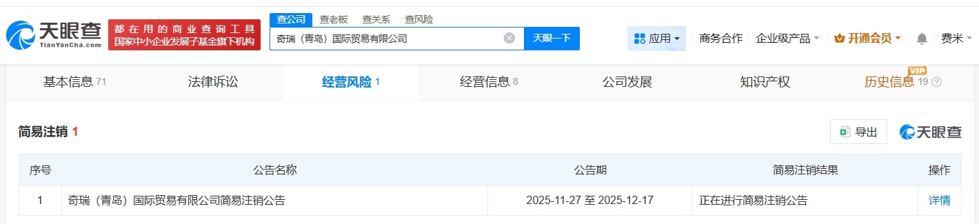 奇瑞青岛国际贸易公司拟注销