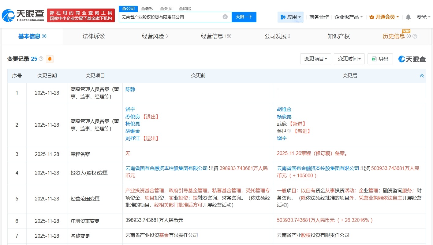 云南省产业股权投资公司增资至约50.4亿