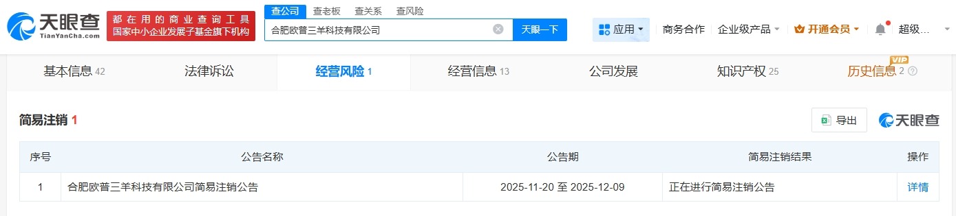 欧普康视与三只羊合资公司拟注销