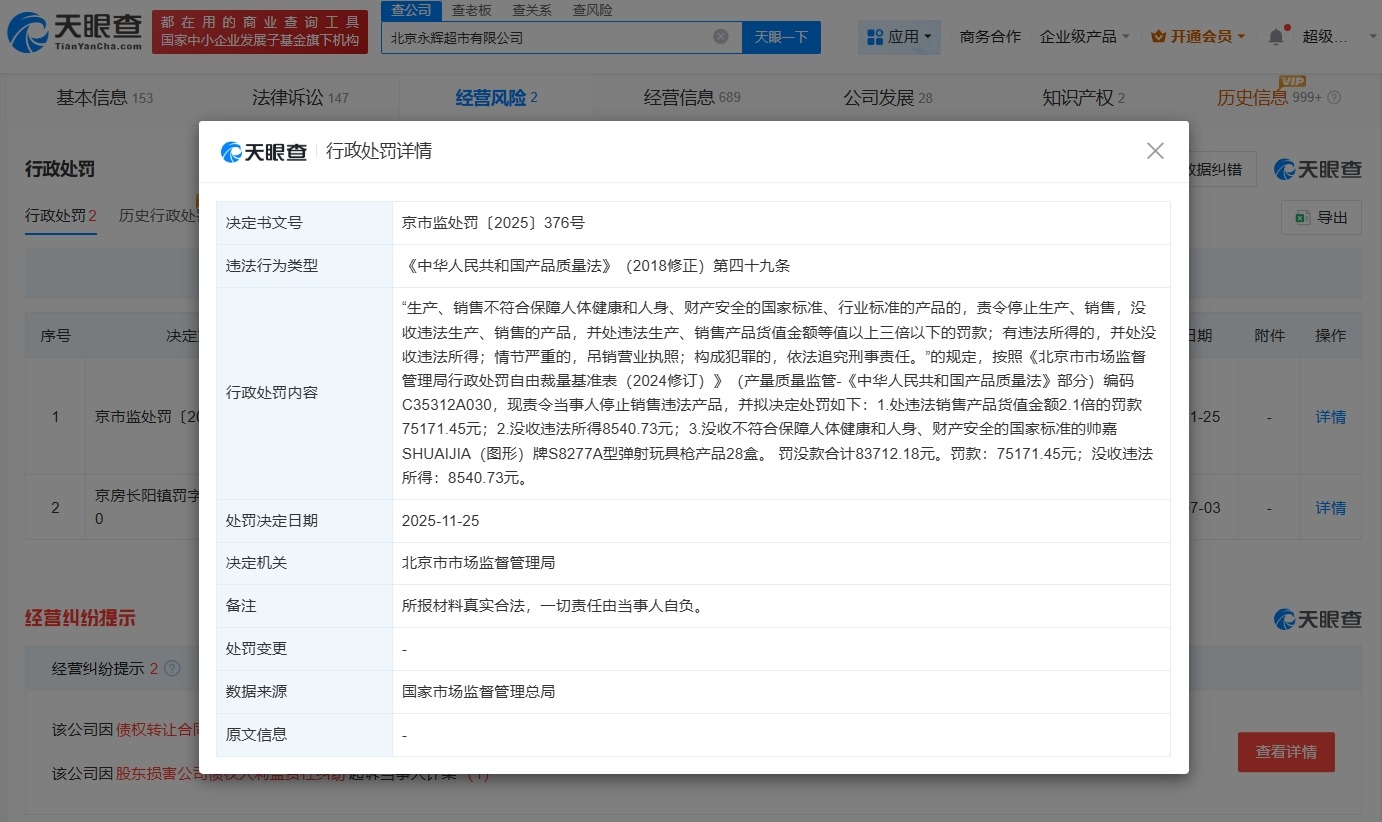 永辉超市销售不合格产品被罚没8万