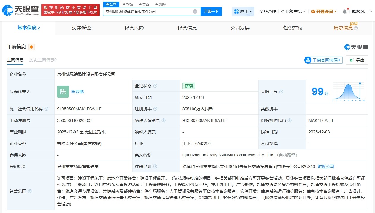 泉州城际铁路建设公司登记成立注册资本86.81亿
