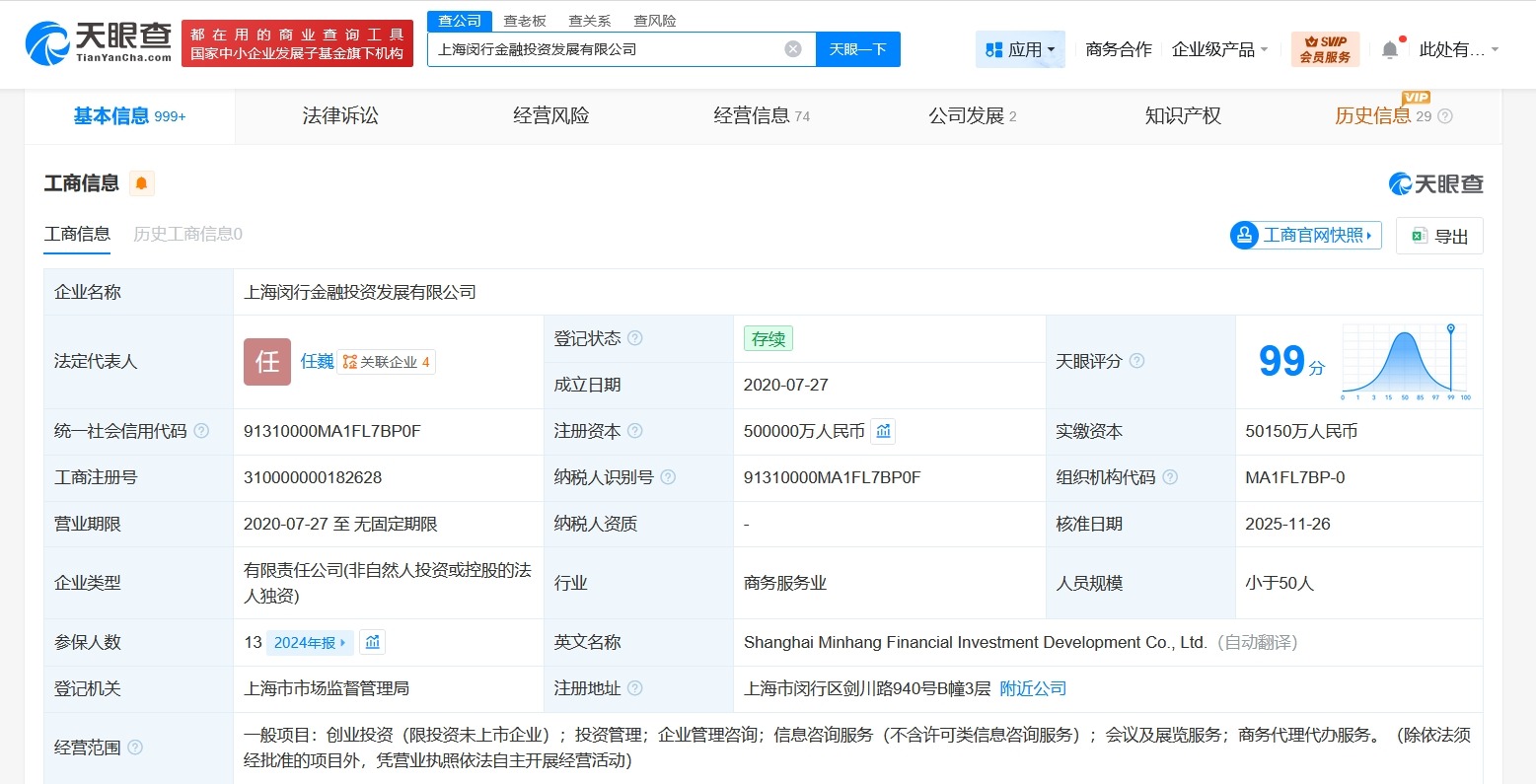 上海闵行金融投资发展公司增资至50亿增幅400%