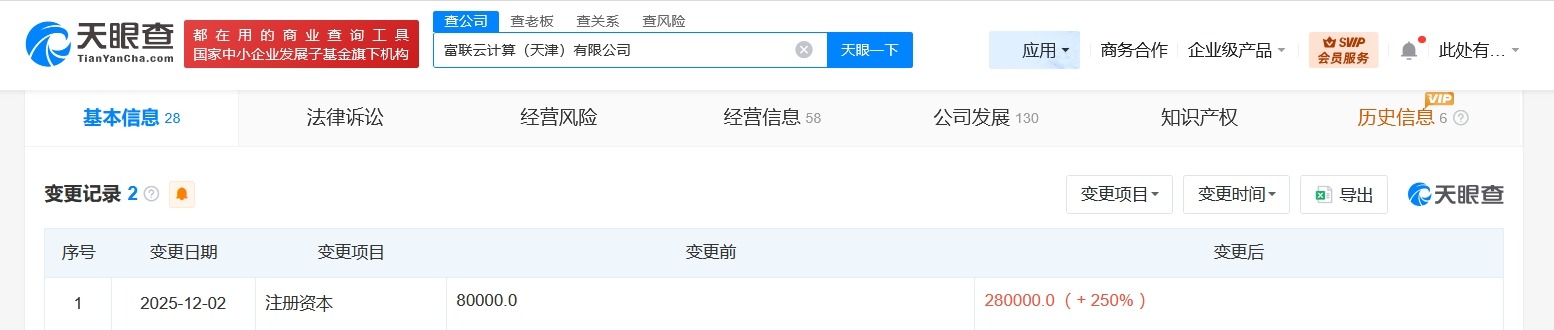 工业富联旗下天津云计算公司增资至28亿增幅250%
