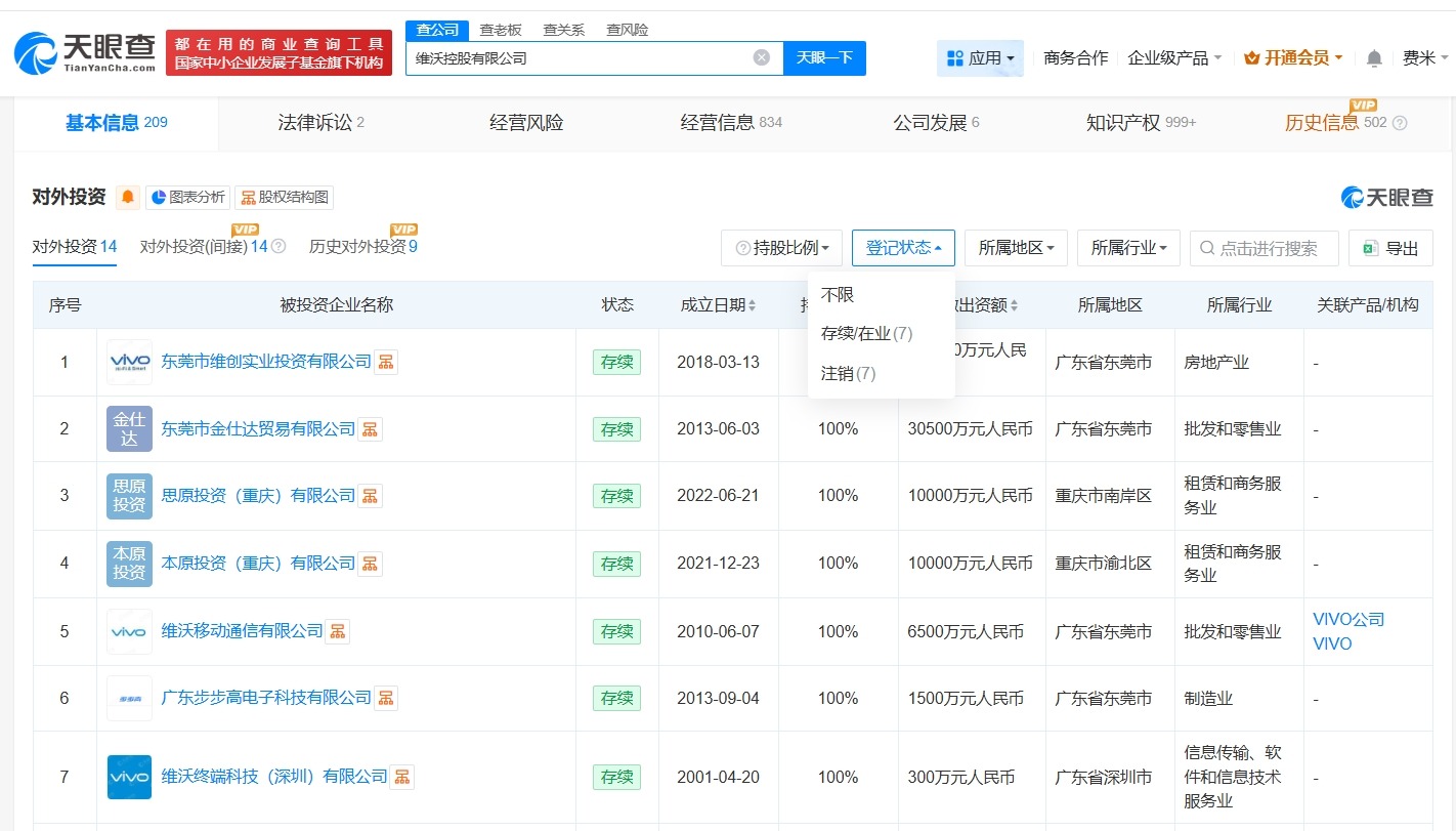 vivo旗下一公司近期经营异常