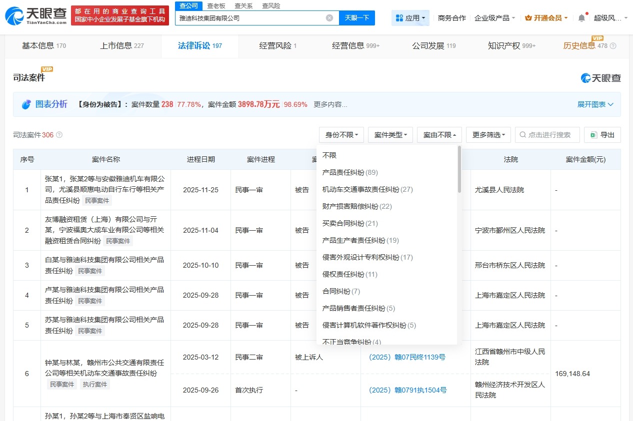 雅迪曾涉多起产品责任纠纷