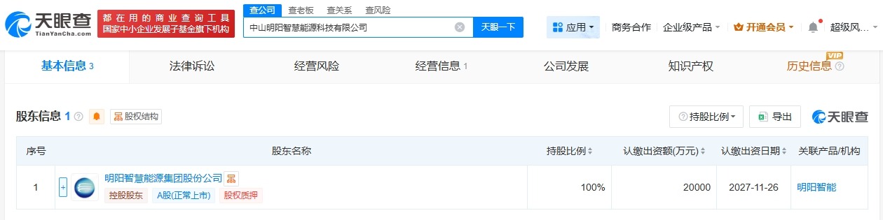 明阳智能在中山成立智慧能源科技公司注册资本2亿
