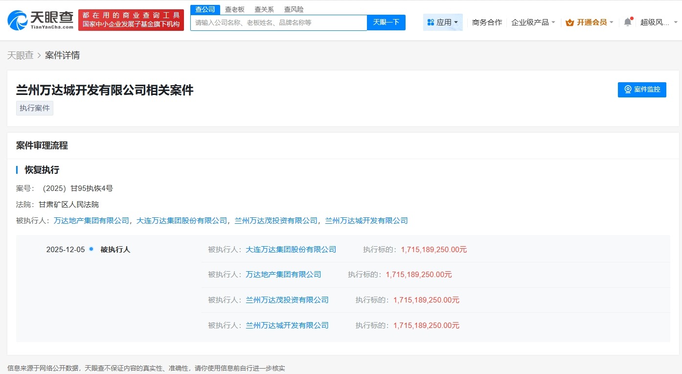 万达集团被恢复执行17亿
