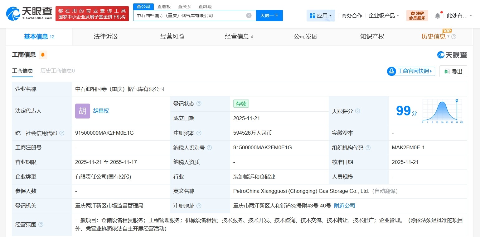 中石油等在重庆成立储气库公司注册资本约59.45亿