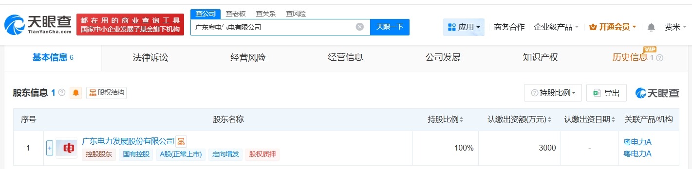 粤电力A成立气电公司注册资本3000万