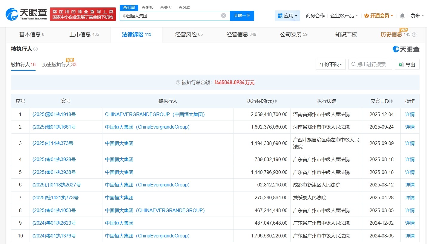 中国恒大及恒大汽车等被执行20.5亿