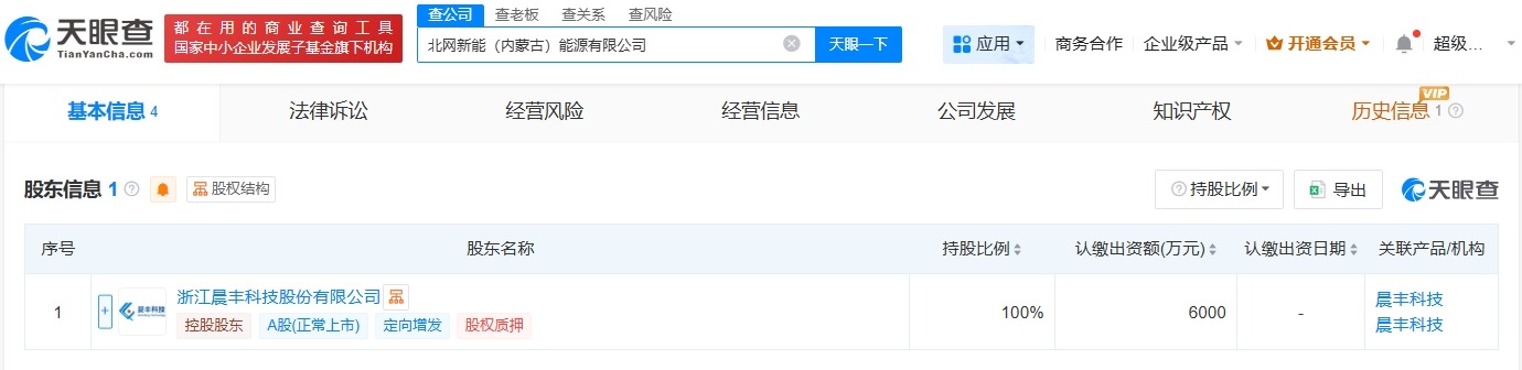 晨丰科技在内蒙古成立能源公司注册资本6000万