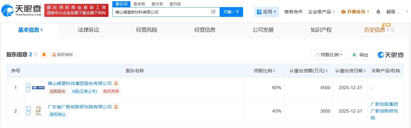 佛塑科技等成立新材料公司注册资本7500万