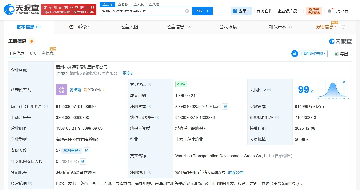 温州市交通发展集团增资至295.4亿增幅约269%