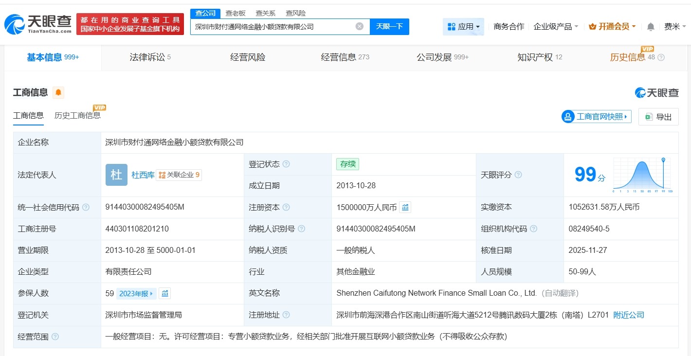 腾讯旗下财付通小贷增资至150亿增幅42.5%
