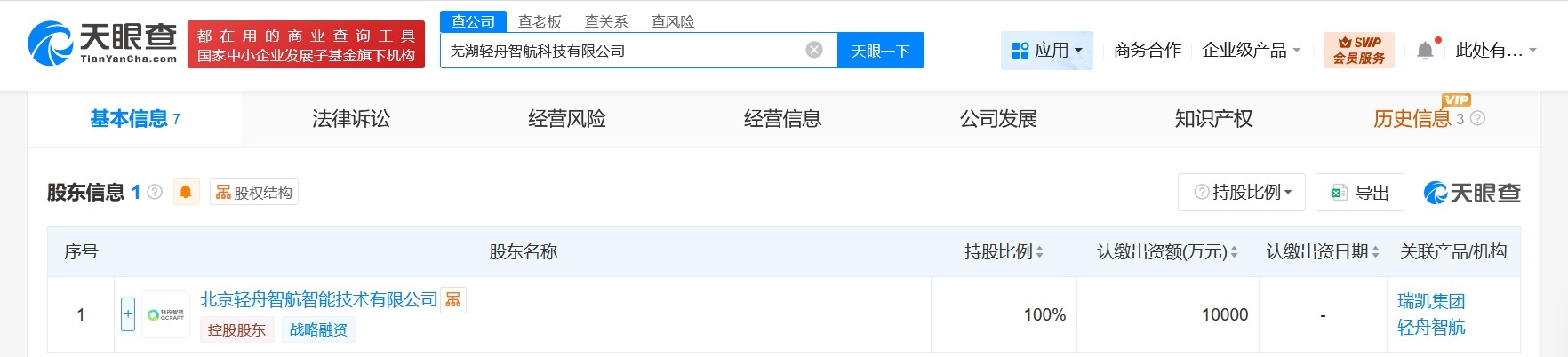 轻舟智航在芜湖成立新科技公司注册资本1亿