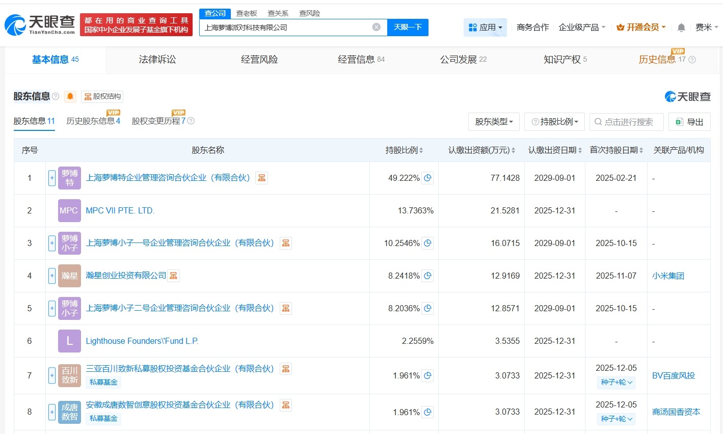 百度旗下基金等入股人形机器人公司萝博派对