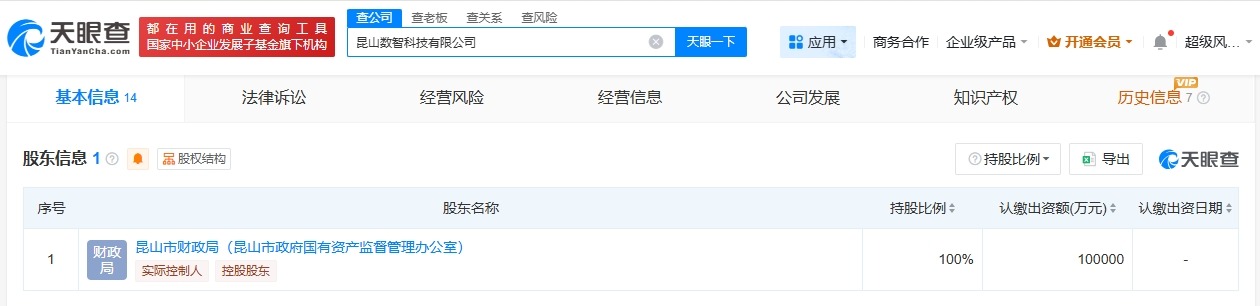 昆山数智科技公司登记成立注册资本10亿