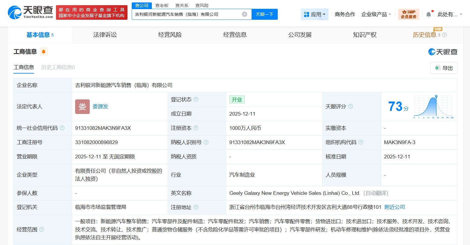 吉利在浙江临海成立新能源汽车销售公司注册资本1000万