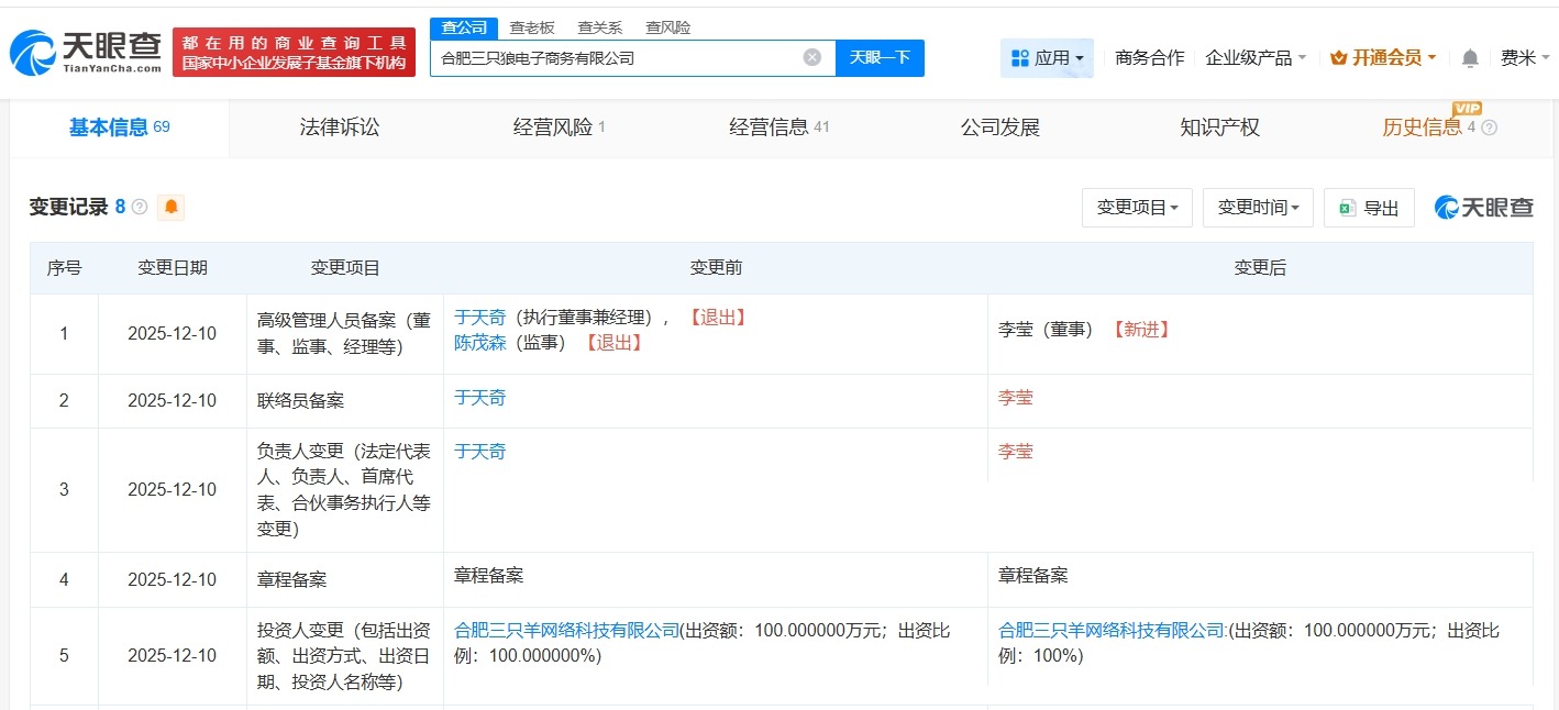 三只羊旗下三只狼电商公司变更高管